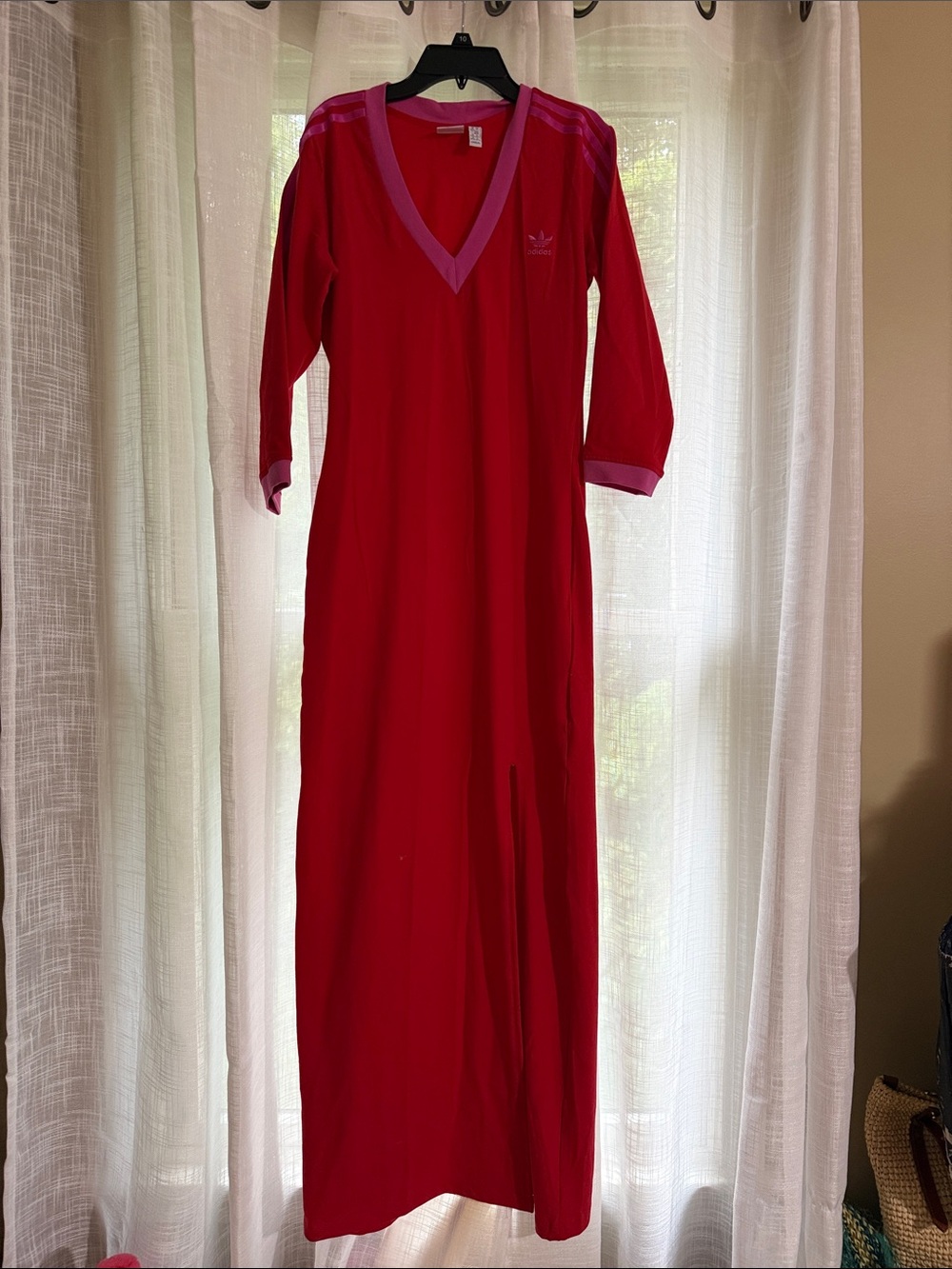 adidas Women’s Red Long V‑Neck dress with Pink Trim